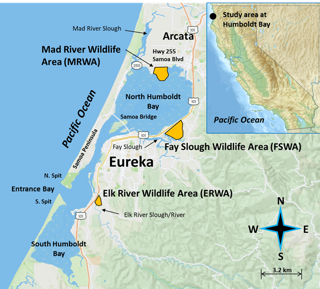 Map of the location of California Department of Fish and Wildlife (CDFW) wildlife areas surrounding the margin of Humboldt Bay.