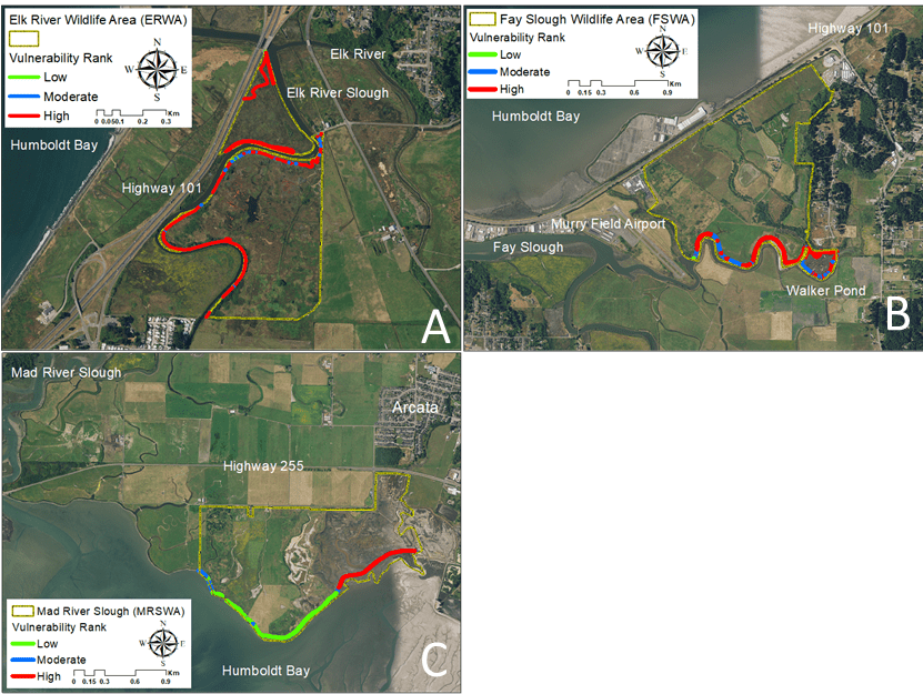  National Agriculture Imagery Program (NAIP) digital ortho quarter quad photographic satellite imagery (2020; https://naip-usdaonline.hub.arcgis.com/(opens in new tab)) of the 1-m survey segments of the shoreline and the surrounding the landscape at: a) Elk River Wildlife Area, A) Fay Slough wildlife Area, and C) Mad River Wildlife Area. Perimeter colors show the extent and Vulnerability Rating (VRATE) to sea level rise.