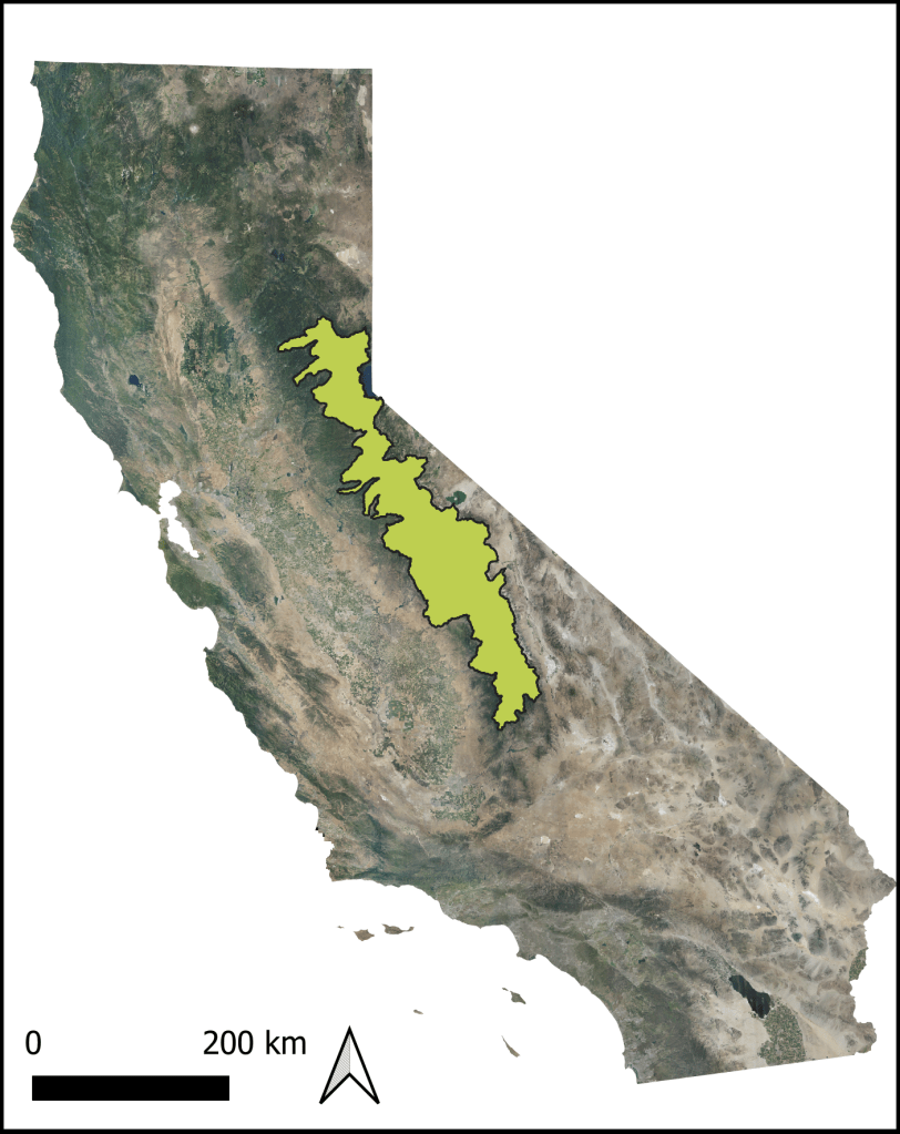 Figure 1. Overview of the study area for which the Lost Meadows Model was applied (green polygon). The model applied a Random Forest approach to identify areas with similar geomorphic and climatic characteristics to existing riparian meadow habitats.
