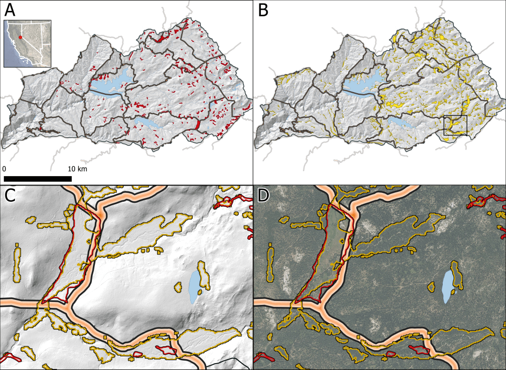 Figure 3. LiDAR-derived hillshade of the Silver Creek Watershed showing Potential Operational Delineation (POD) boundaries in orange and outlined in black, existing, hand-digitized, Sierra Nevada MultiSource Meadow Polygons in red (A), and model-predicted meadows in gold (B). The POD boundaries were delineated to make use of natural and human-made features where wildfire management efforts could be focused to affect fire behavior.  The black box highlights an area showing correspondence between meadows and POD boundaries overlaid on LiDAR-derived hillshade (C) and aerial imagery (D). Note in C that much of the model-predicted meadow habitats (polygons outlined in gold) occur within the same flat floodplain as the existing meadow habitat (polygons outlined in red) but can be seen to support conifers instead of meadow vegetation in the aerial image (D). With aquatic restoration, this area may be converted to meadow to increase wildfire resistance near the POD boundaries.