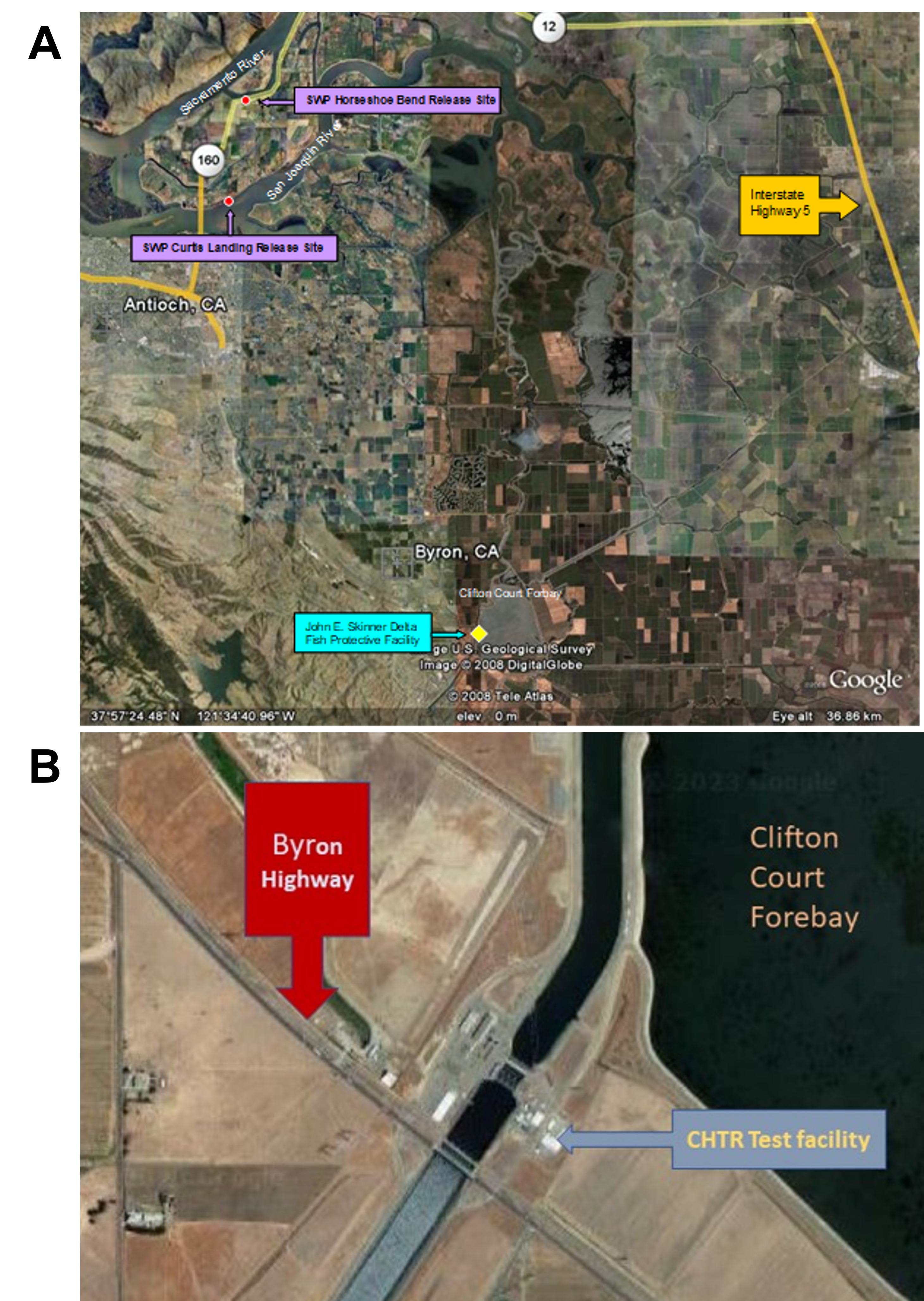 Two aerial maps. Map A is a wide angle view with the town of Byron, Clifton Court Forebay, and the John E. Skinner Delta Fish Protective Facility at the bottom of the map, the confluence of the Sacramento and San Joaquin rivers in the upper left corner of the map, and Interstate Highway 5 in the upper right corner of the map. Map B is a closer view with the CHTR test facility in the center of the map, Clifton Court Forebay on the right side of the map, and Byron Highway cutting through from the upper left corner to the lower right portion of the map.