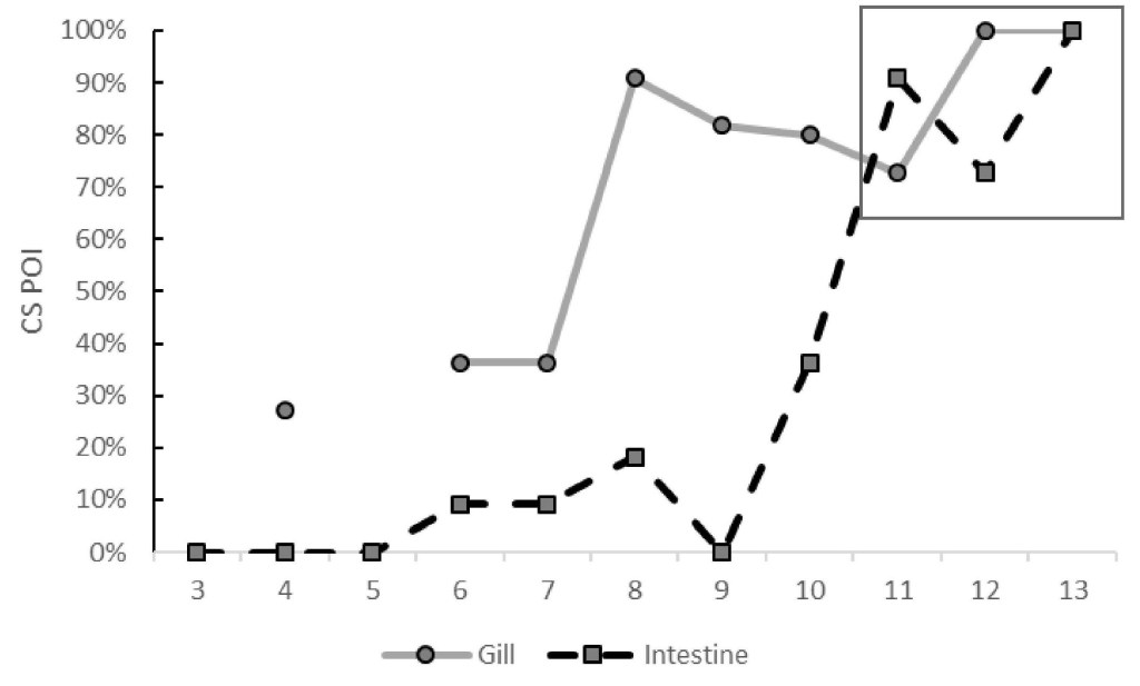 Line graph. Gray line with circles increases sharply between Julian weeks seven and eight then generally increases to the end of the sampling period. Black dashed line with squares increases sharply between Julian weeks nine and eleven. Gray line and Black dashed line meet at their highest point in Julian week thirteen.