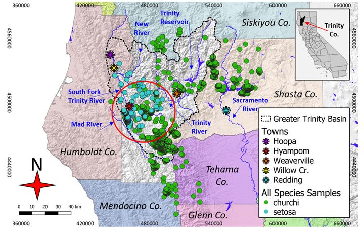 Map of study area and distribution of sampled populations of M. churchi and M. setosa within the Greater Trinity Basin, including the area of hypothesized co-occurrence (i.e., red circle). Included is a red colored buffer outline (radius ~20 km = 1,256.6 km2 area) surrounding the hypothesized center of co-occurrence.