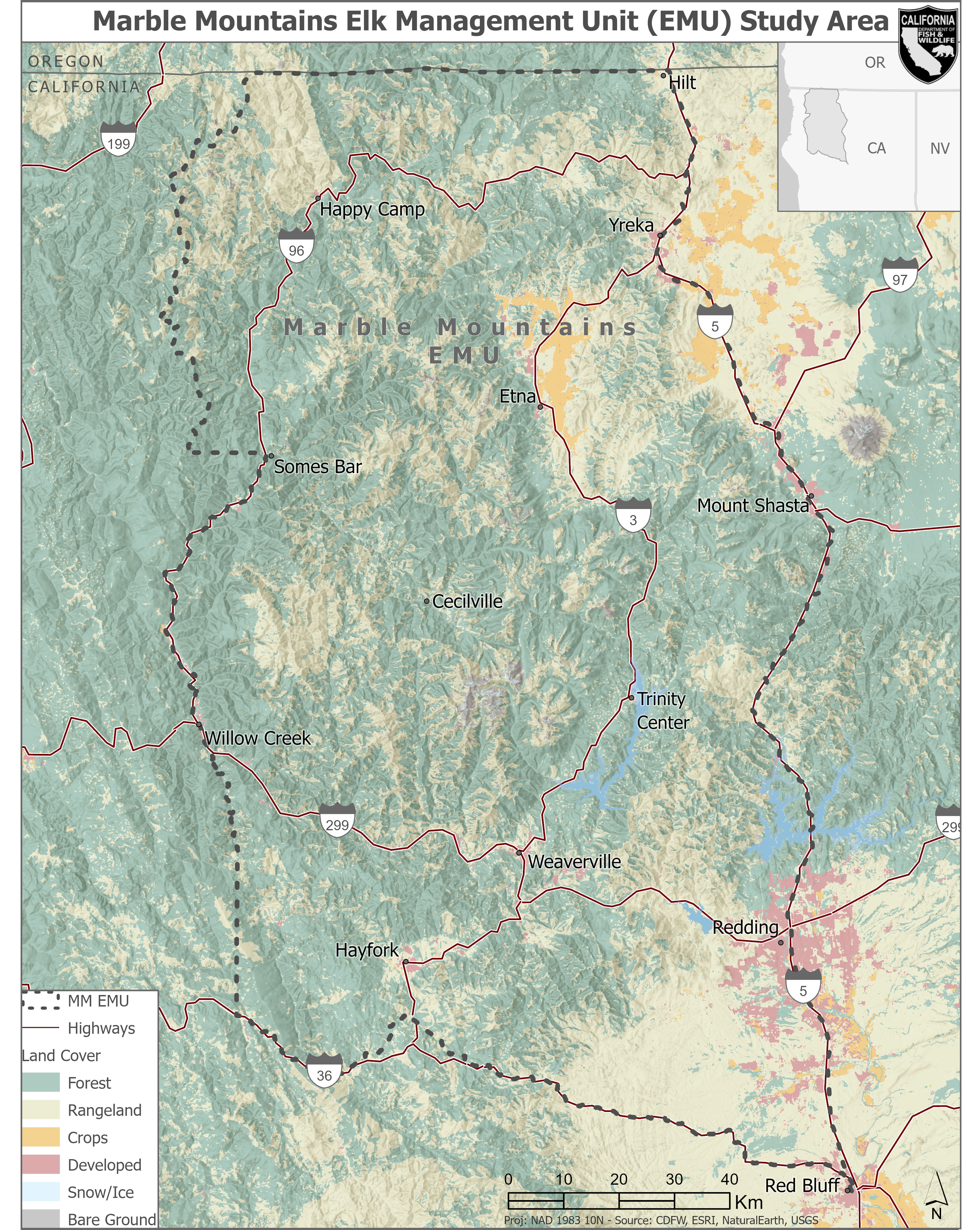 The Marble Mountains Elk Management Unit study area with major land cover types, located in portions of Humboldt, Shasta, Siskiyou, Tehama, and Trinity counties in the Klamath Mountains of northern California, USA.