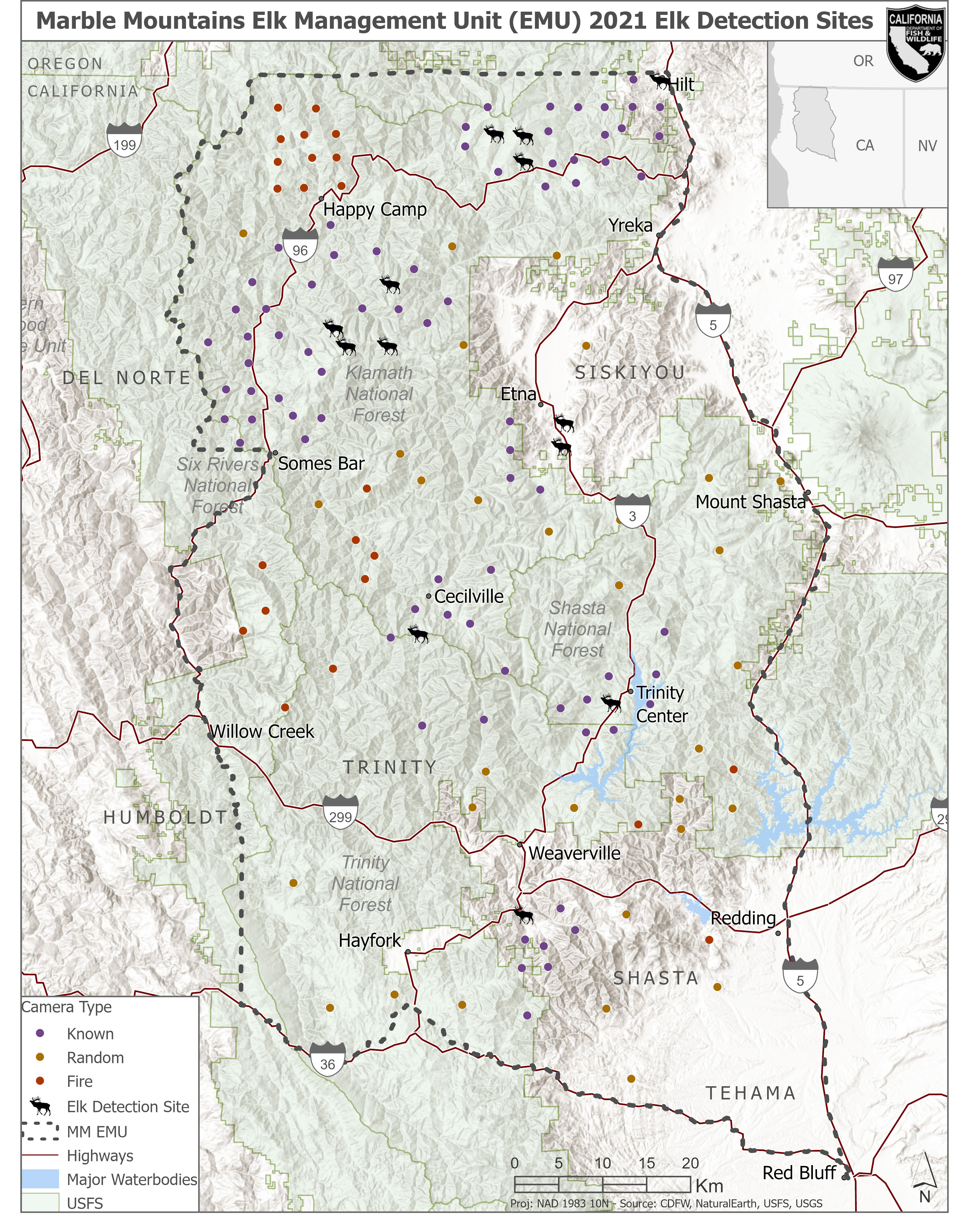 Camera site locations (n = 143) used to estimate the abundance of elk (Cervus canadensis spp.) within the Marble Mountains Elk Management Unit (EMU) in northern California, USA. Data from 7 June to 15 August 2021 were used, and sites with positive elk detections (n = 13) are shown (black elk icons).