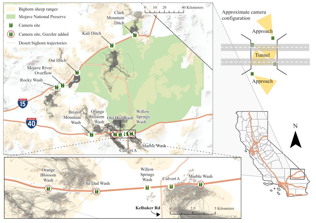 Underpass sites marked on highways on an inset map of California. Includes a diagram of the camera configuration, using four cameras at each underpass location.