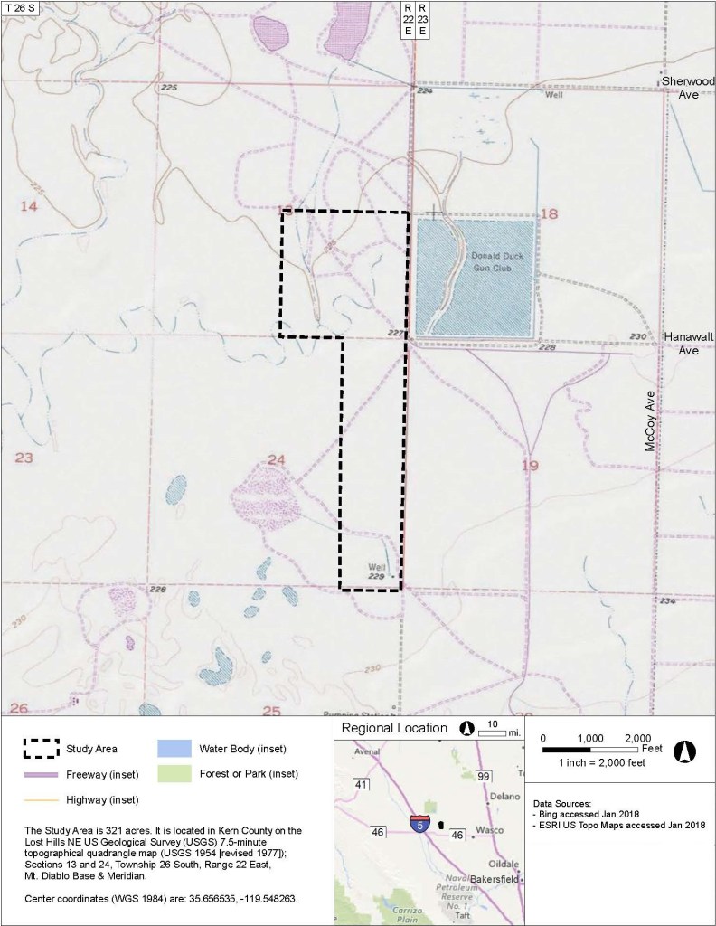 Map with study area outlined in black hash line. Study area is square in shape at the north end (top) and extending south in a rectangular shape from the east half of the northern section. The north end of the Study Area is adjacent on the western edge of Donald Duck Gun Club.