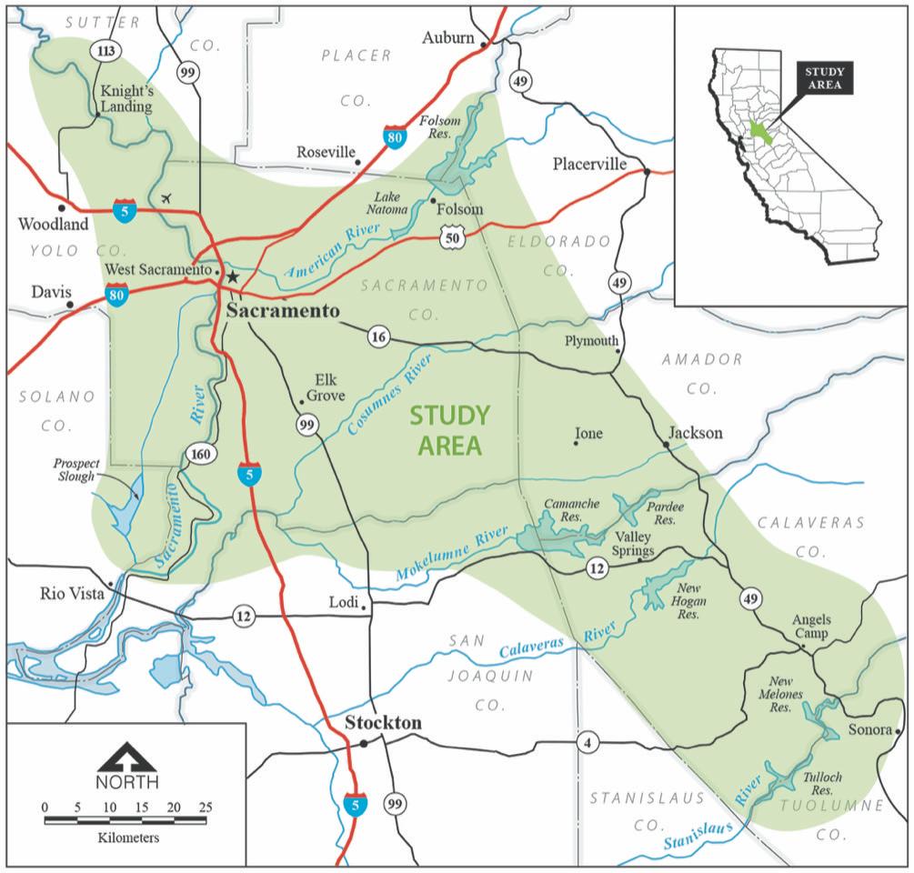 Map illustrating major rivers lakes, freeways, and highways around Sacramento CA, from Knights Landing to Sonora.  A large green shape is overlaid over the basemap, and is titled "Study Area".