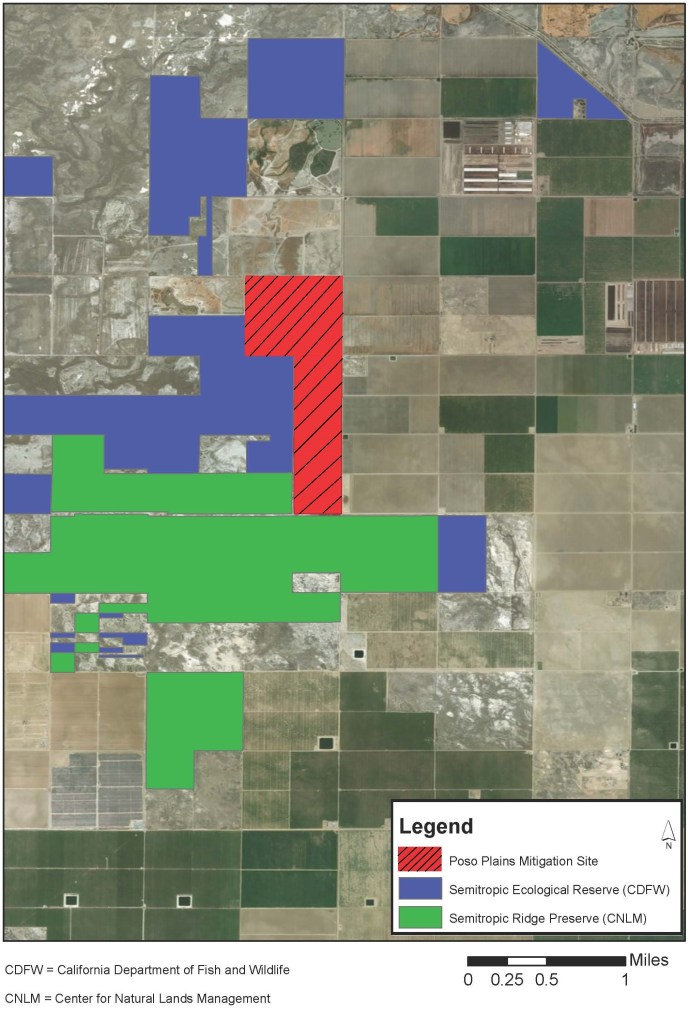 Map of Study Area in red surrounded by semitropic ecological reserves in blue and semitropic ridge preserves in green. Study area is centered in map. Semitropic ecological reserves are northeast, north, west, and southeast of Study Area. Semitropic ridge preserves are south and southwest of Study Area.