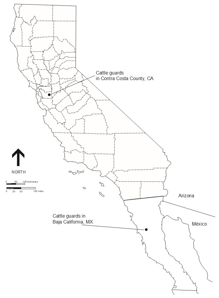 General location of the two areas in which cattle guards were checked for entrapped wildlife species in Contra Costa County, California and Baja California, México.