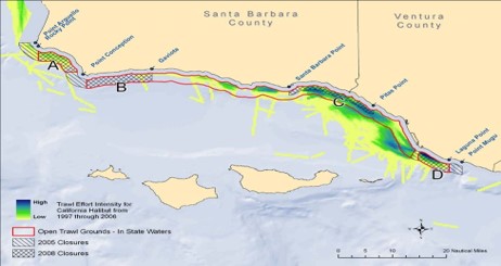 Map of the southern coast of Santa Barbara and Ventura counties from Point Arguello in the west to Point Mugu in the east. The Channel Islands are also visible. Trawl effort intensity is represented with a color gradient, where high intensity is dark blue and low intensity is yellow. Higher trawl effort intensity is primarily closer to the coast and between Santa Barbara Point and Laguna Point. Open trawl grounds are outlined in red with Area A between Rocky Point and Point Conception, Area B between Point Conception and Gaviota, Area C between Santa Barbara Point and Pitas Point, Area D between around Port Hueneme and Laguna Point. 2006 closures are represented with slash marks and are on either side of areas A and D. 2008 closures are represented with hatch marks and are all of areas A, B and D and the half of the trawl ground of Area C closest to the coast.