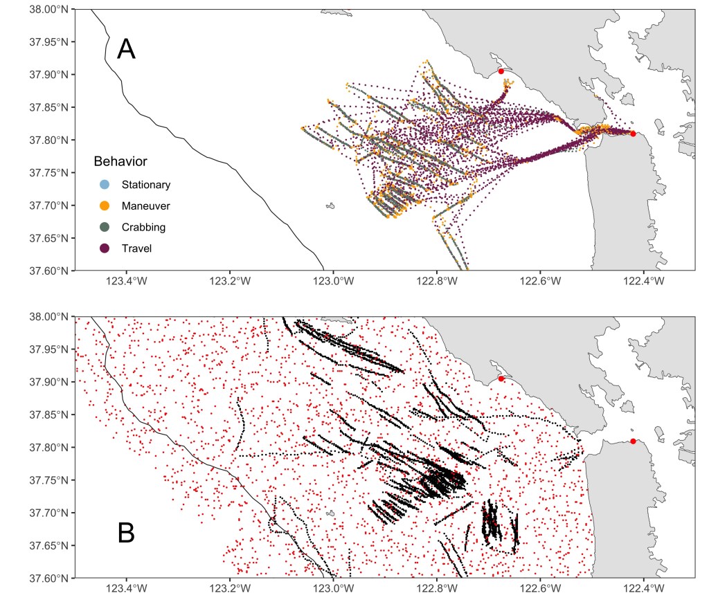 Figure 1. A) Hidden Markov Model (HMM) results for a single vessel in the San Francisco Bay, showing each 5-minute subsampled GPS position colored by the classified behavioral state from the HMM. B) Example of the response variable used for the generalized linear model, zoomed in on the San Francisco Bay region. Black pixels show 200 x 200 m pixels where crabbing was estimated from the HMM, and red pixels randomly selected locations where crabbing was not identified (pseudo unused points). In both plots, the larger red dots along the coast show the home ports and anchorages used. 