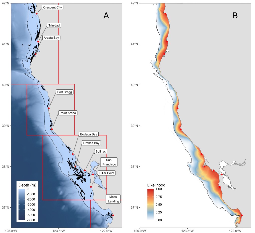 A) Overall map showing the locations of estimated crabbing behavior (black dots) from the 4-state HMM. Locations of ports or anchorages used by the 14 different vessels for crabbing trips are labeled. The four management zones are outlined in red. Depth is displayed in meters, with the 200-m continental shelf break as a thin solid line. B) Map depicting the likelihood surface of crabbing behavior using the coefficients of the top GLM model, with December as the reference month.