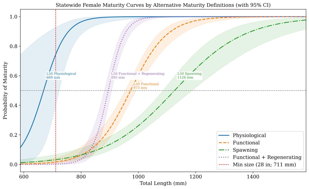 Statewide female white seabass (Atractoscion nobilis) maturity ogives under four definitions. Ogives are logistic fits; shaded bands are 95% confidence intervals. L₅₀ for each definition: Physiological = 669 mm TL (95% CI: 592–747 mm) in blue (solid line), Functional + Regenerating = 895 mm TL (95% CI: 883–907 mm) in purple (dotted line), Functional = 973 mm TL (95% CI: 954–991 mm) in orange (dashed line), and Spawning = 1,126 mm TL (95% CI: 1,079–1,174 mm) in green (dash-dot line). The red dashed line indicates the current minimum size limit (711 mm TL; 28 in). Definitions progress from earliest evidence of development (Physiological) to the most conservative evidence of spawning activity (Spawning), bracketing plausible maturity thresholds statewide.
