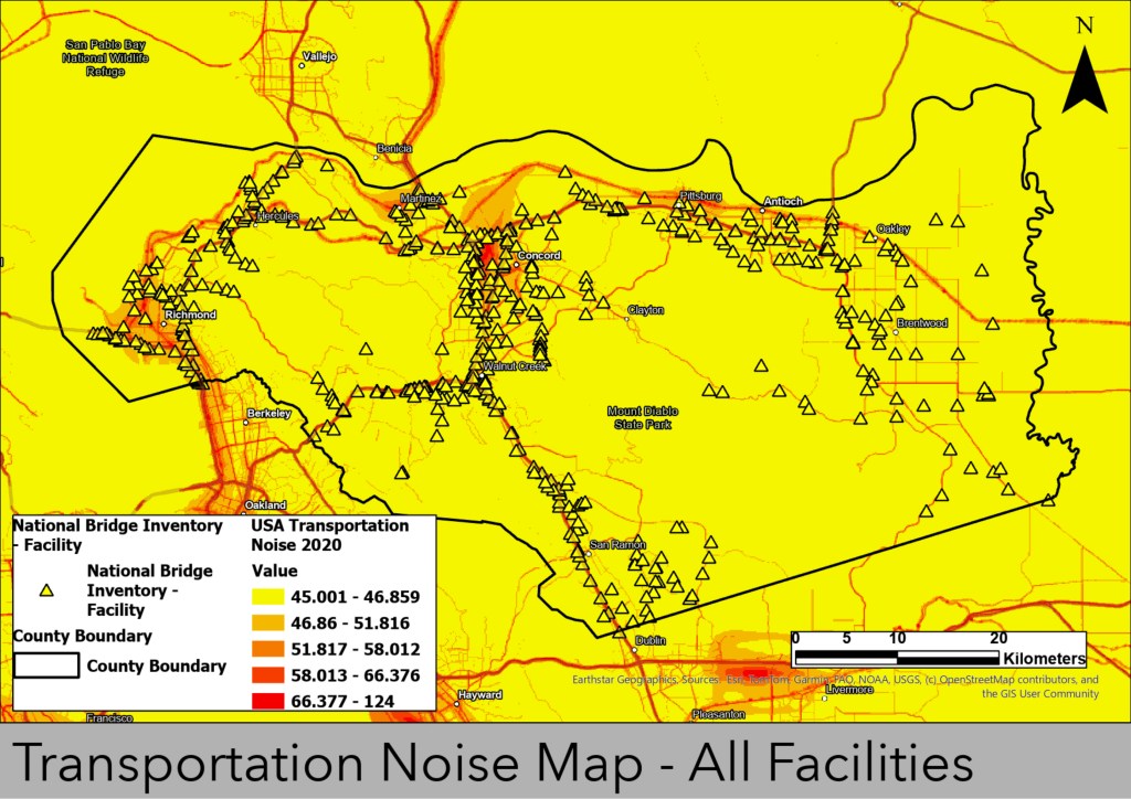 Noise analysis map within Contra Costa County. Includes National Bridge Inventory Facilities. 