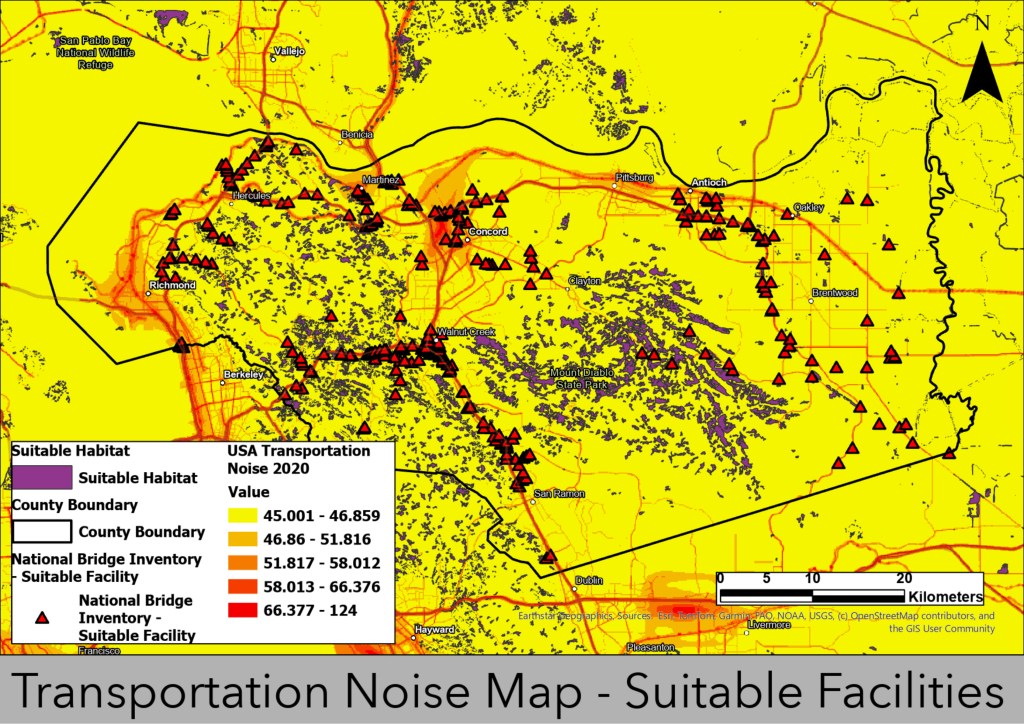 Noise analysis map within Contra Costa County. Includes suitable National Bridge Inventory Facilities and suitable habitat. 