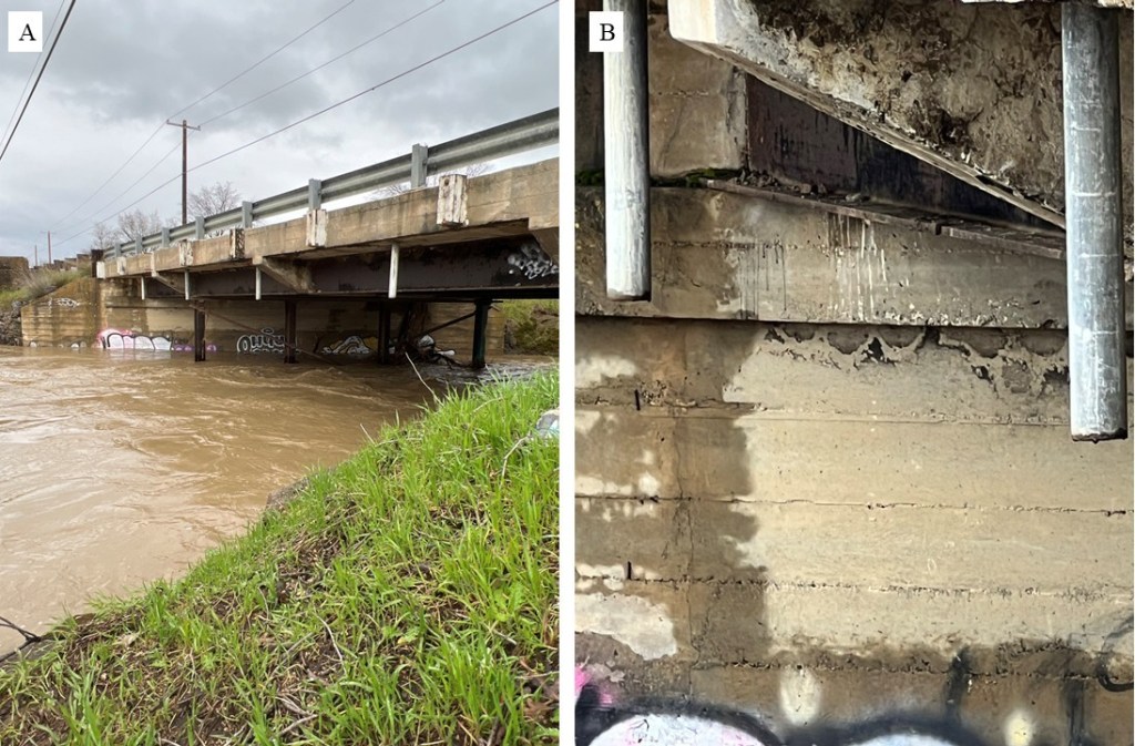 Two photos of a bridge over water. The first image shows the structure from the outside, and the second image shows guano staining. 