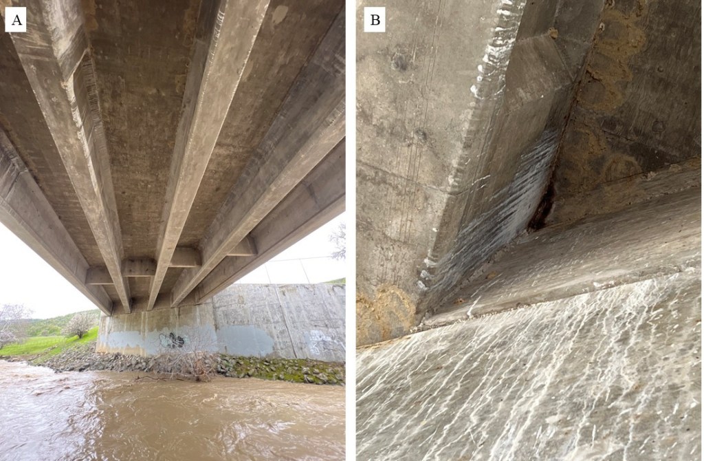 Two photos underneath the same bridge, both showing guano staining. 