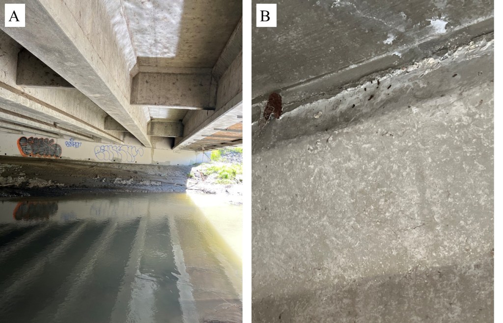 Two images of the interior of a bridge. The one on the left shows the substructure, and the one on the right shows guano staining. 
