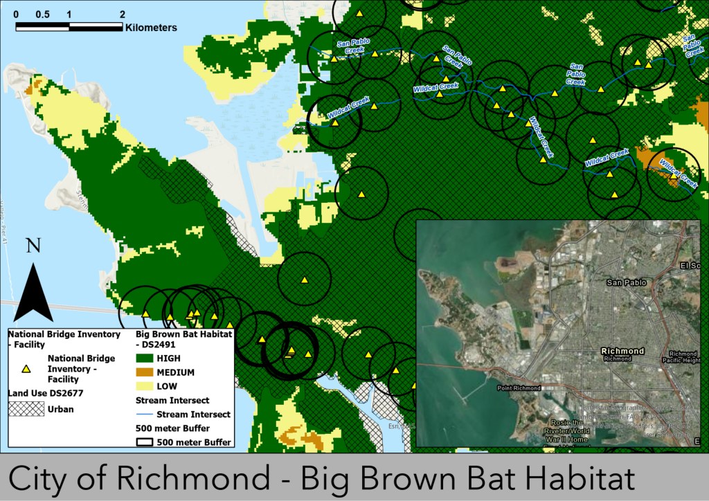 Map covering most of the City of Richmond, showing urban land use, Big Brown Habitat from High to Low, National Bridge Inventory Facilities, and a 500 meter buffer circling each. 