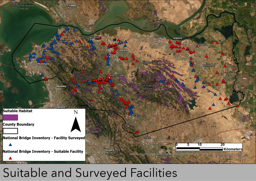 Map of Contra Costa County, with suitable habitat, surveyed facilities, and suitable facilities. 