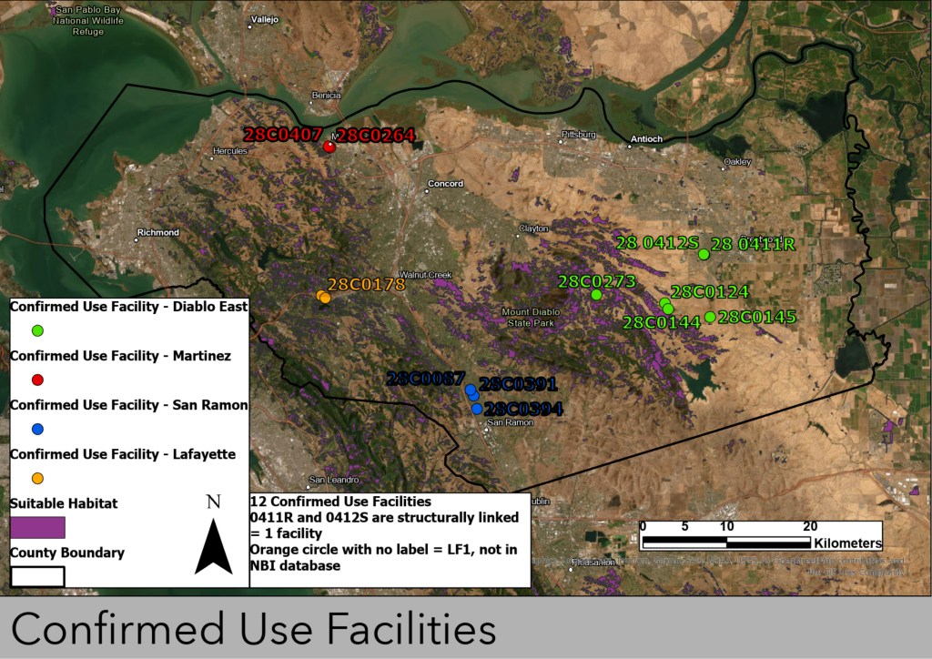 Map of confirmed use facilities within Contra Costa County, their structure ID numbers, and the combined suitable habitat within the county. 