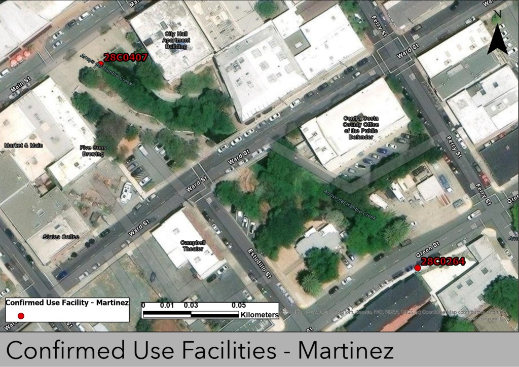 Map of two confirmed use facilities in Martinez, with associated ID numbers.