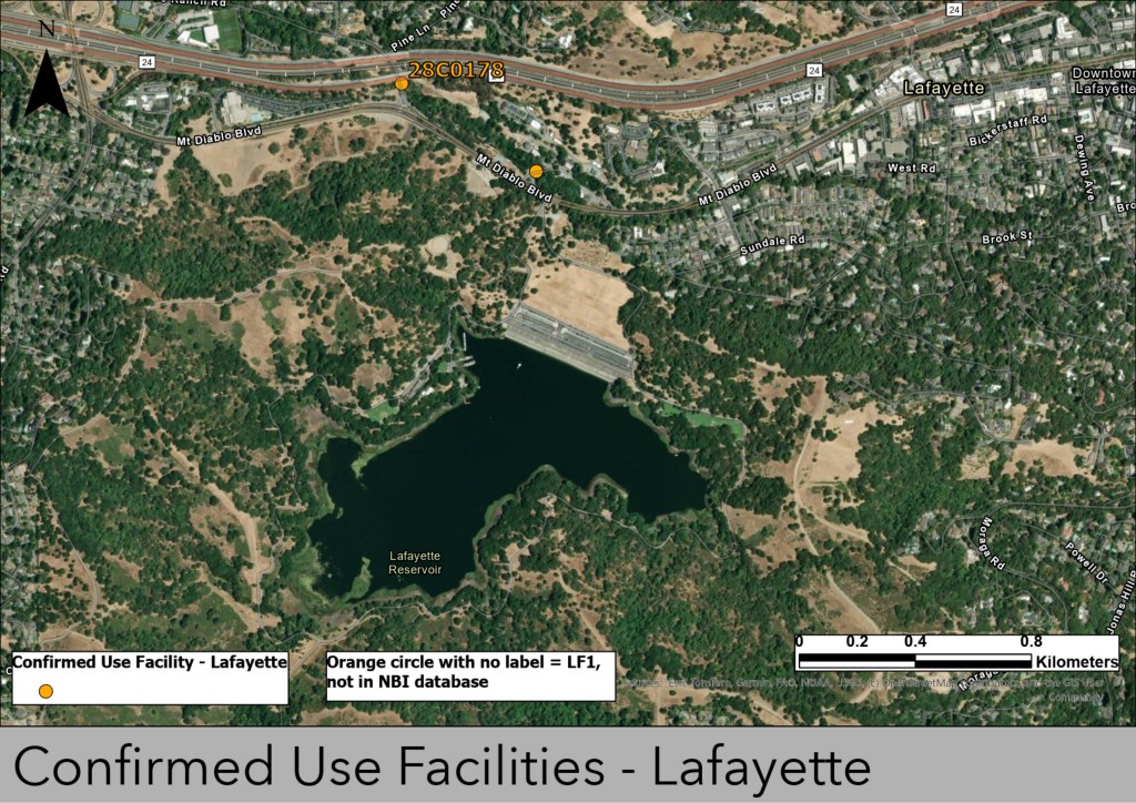 Map of confirmed use facilities in Lafayette, with associated ID numbers. 